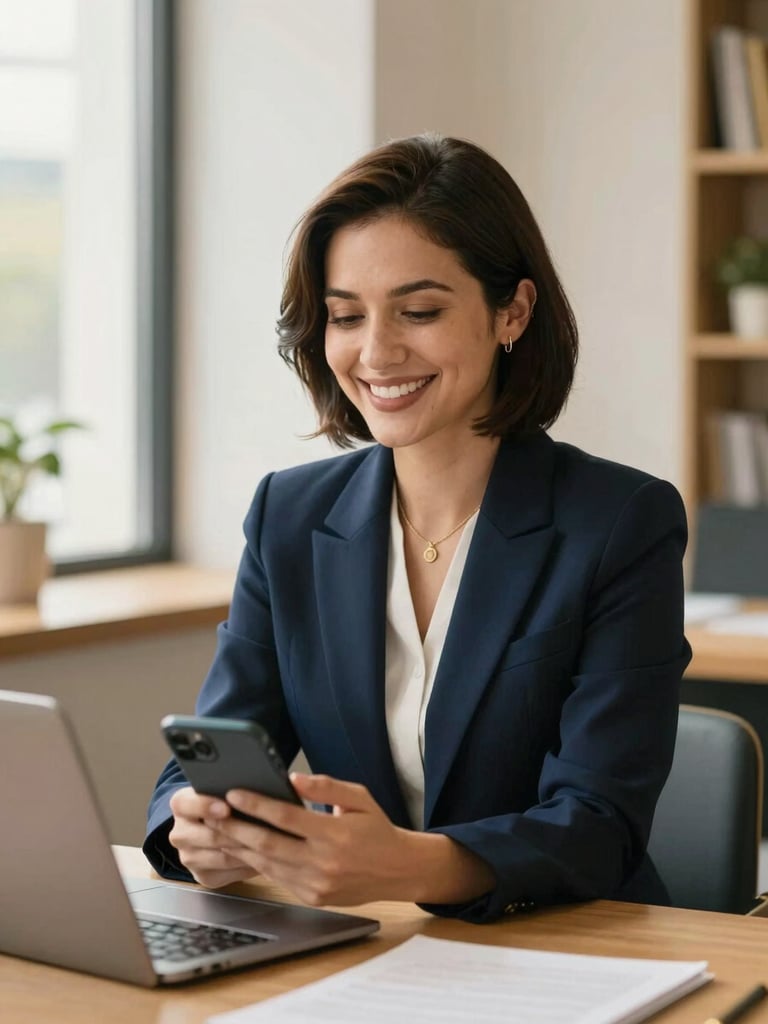 approachable financial advisor in a bright natural office, warm golden lighting, smiling, holding a phone with a friendly chat open, rich navy and gold accents, shallow depth of field, 35mm
