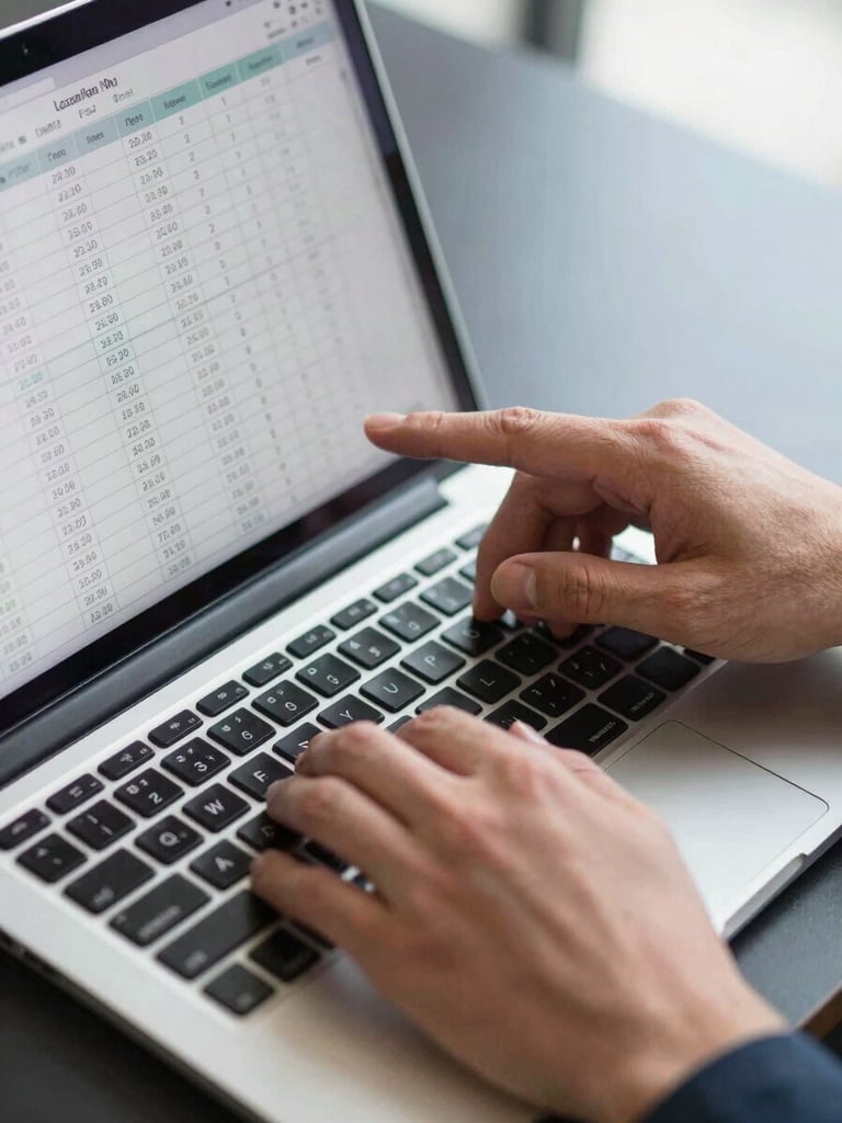 Close-up of a professional's hands at a desk reviewing loan calculation figures on a laptop screen, clean natural office daylight, sharp focus on the screen numbers, dark navy desk surface visible at edges