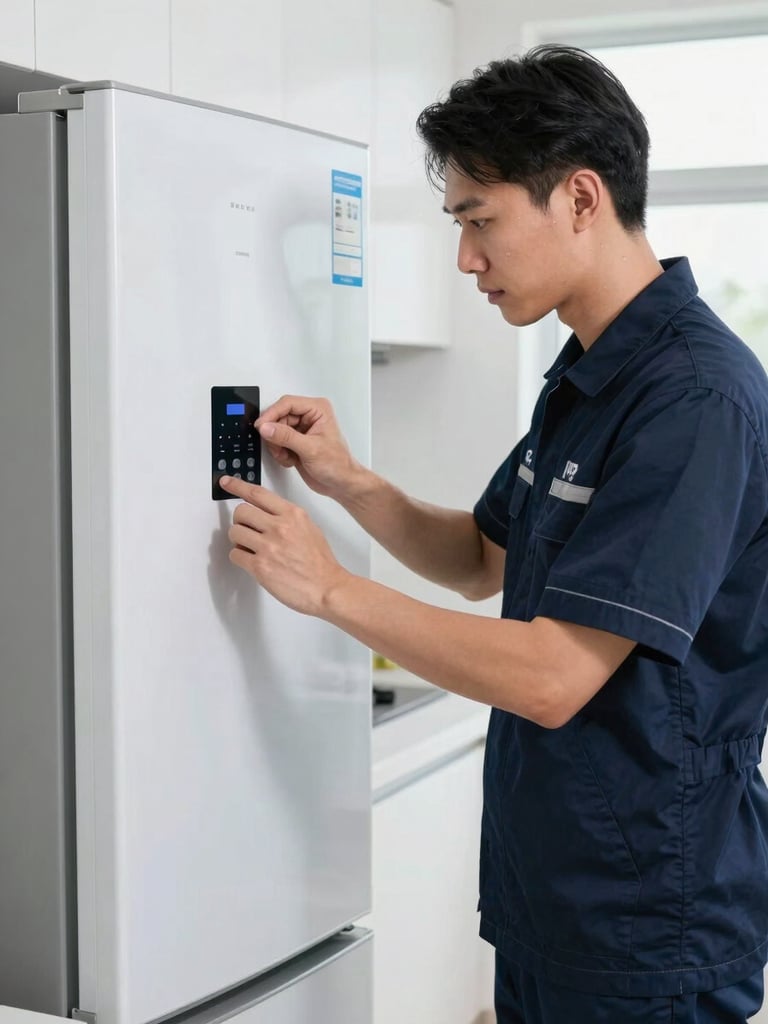 Straight-on medium shot of a focused technician in a crisp, branded navy uniform calibrating a high-end European refrigerator control panel. Bright, clinical daylight, high-contrast, clean workspace.