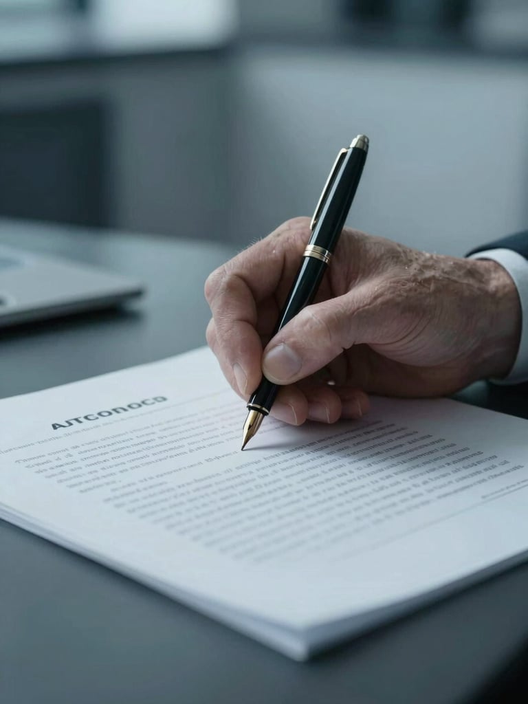 Macro close-up of a senior attorney signing official legal documents, cool steel-blue lighting, sharp focus on hands and fountain pen, sterile modern corporate environment, 35mm film.