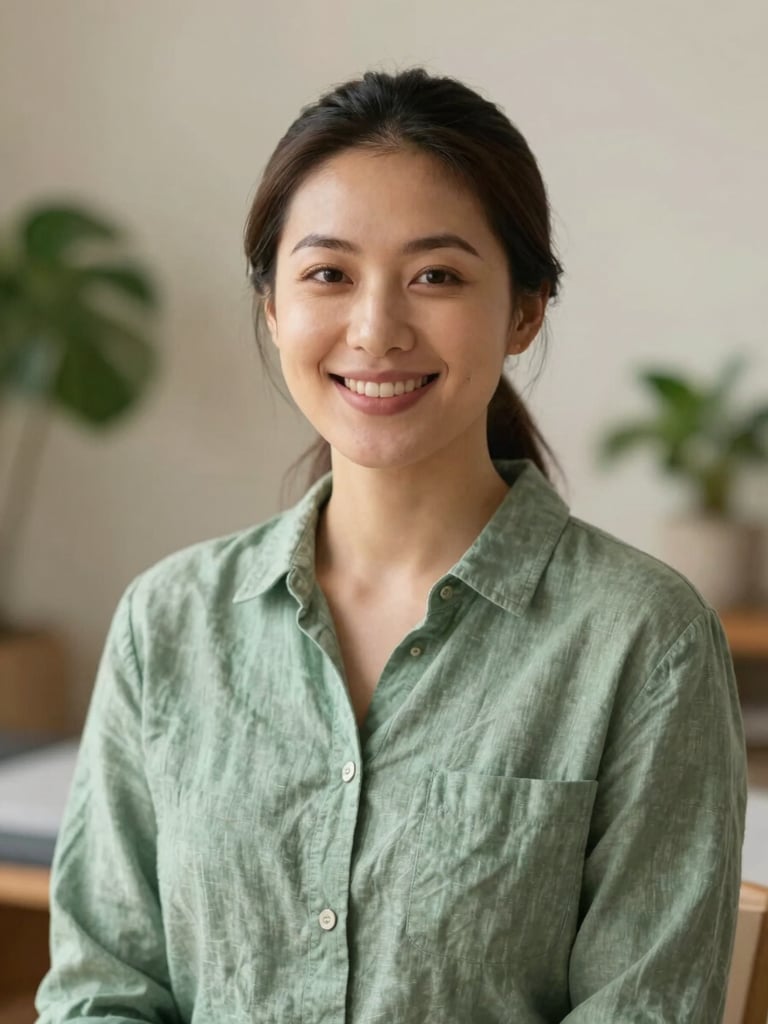Warm professional portrait of a smiling female physiotherapist in a soft green linen shirt, gentle natural lighting, indoor plants blurred in the background.