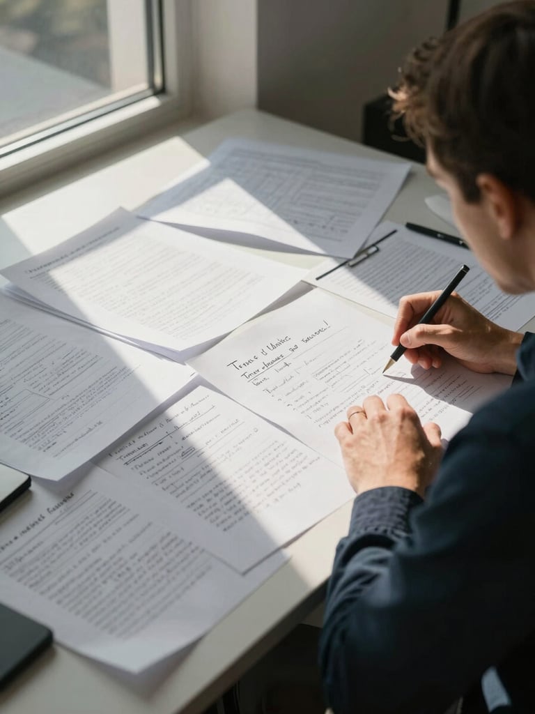 Wide environmental shot, a consultant alone at a standing desk covered in handwritten process notes and printed spreadsheets, late afternoon window light raking across the papers, natural shadows, shot from a slight distance to show the full desk and the person's concentrated posture, no face visible