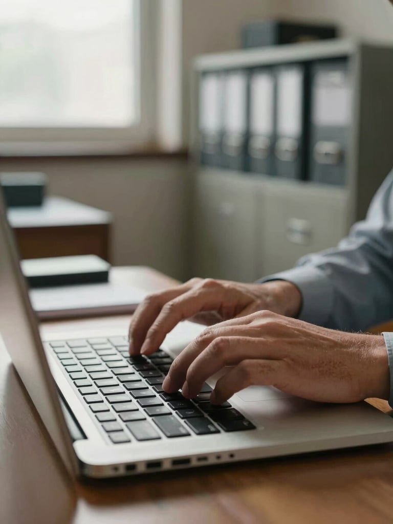 Close-up of a consultant's hands on a worn laptop keyboard inside a modest client office, aged filing cabinets visible in the background, late-afternoon natural light through frosted glass, no faces, focus on the hands and the machine