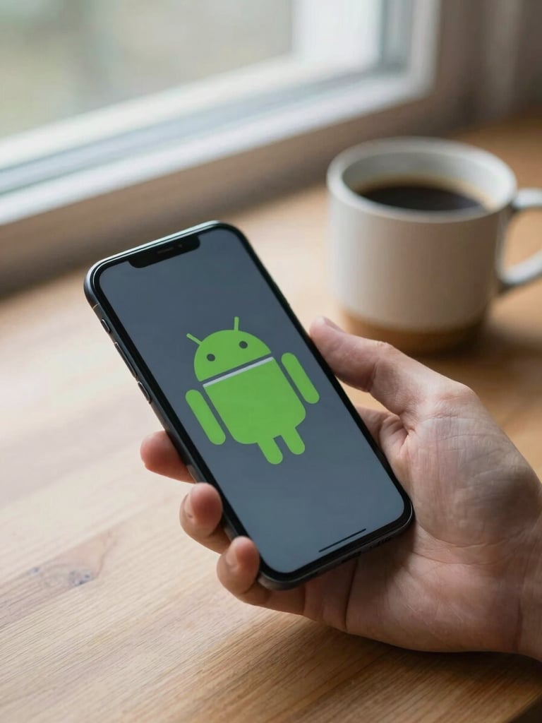 Close-up of a hand holding an Android phone at a wooden desk near a window, morning overcast light, a ceramic mug of coffee softly blurred in the background, calm and unhurried atmosphere