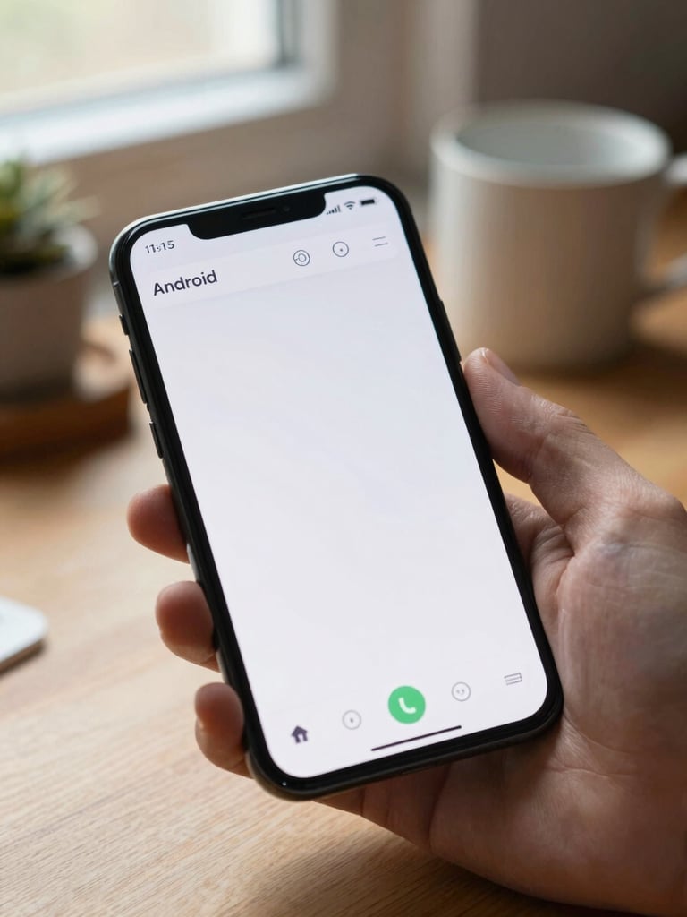 Close-up of a hand holding an Android phone at a wooden desk under soft morning window light, the screen glowing with a clean minimal app interface, a ceramic mug blurred in the background