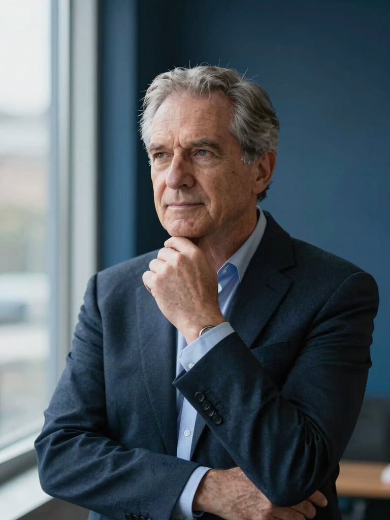Portrait of a senior male executive in a thoughtful pose, natural window light, deep midnight blue background, shallow depth of field, 35mm