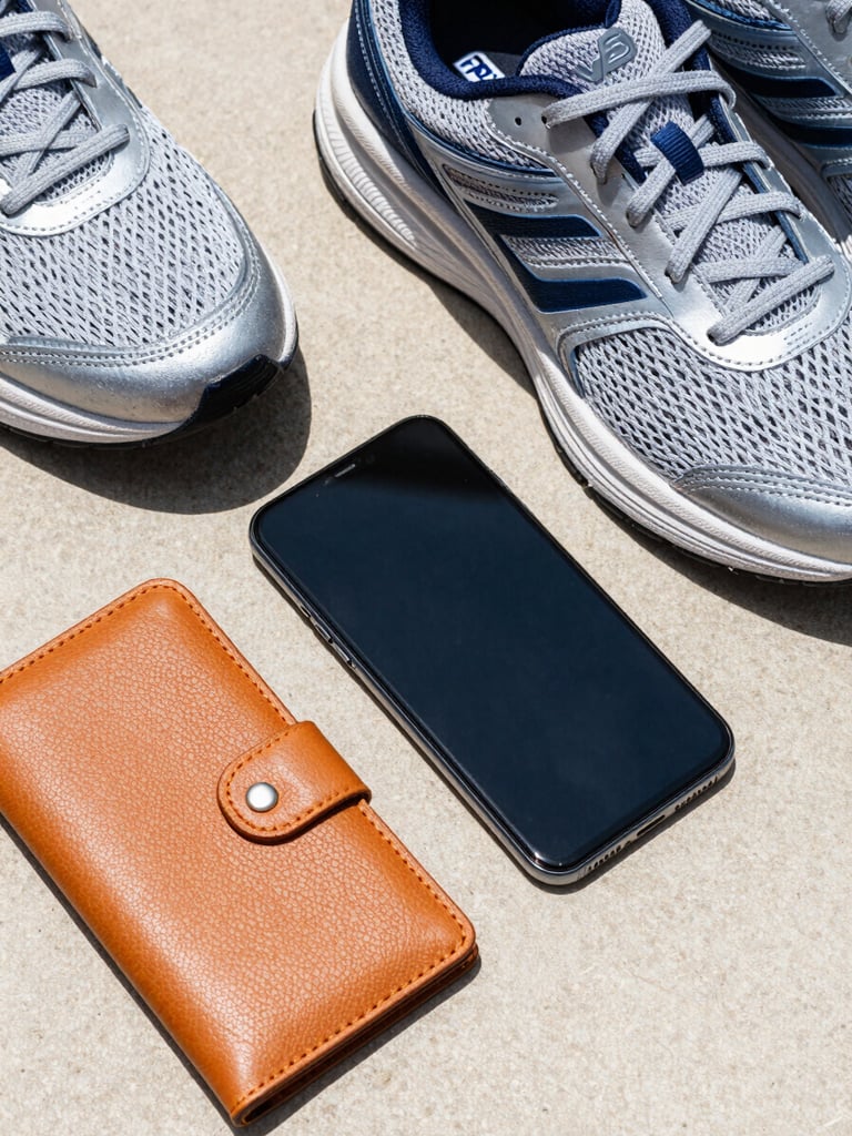 Vibrant editorial flat-lay of modern lifestyle essentials, a sleek smartphone next to a minimalist leather wallet and running sneakers, bright daylight, sharp focus.