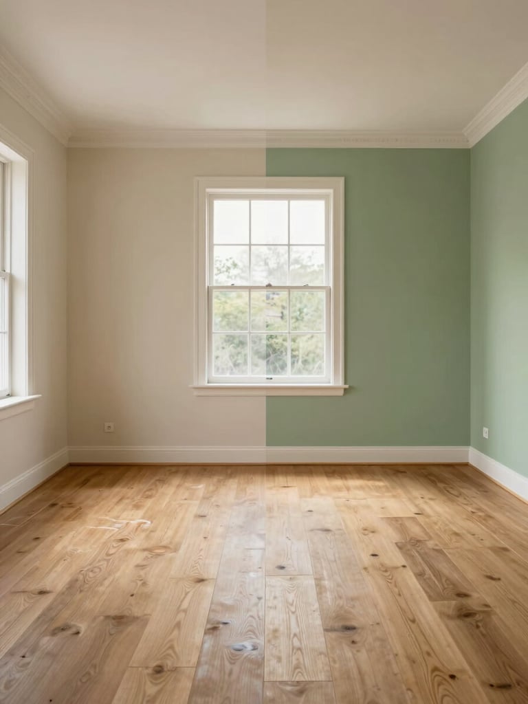 Wide straight-on living room interior, left half showing original beige walls and worn flooring, right half showing photorealistic AI rendering with sage green paint and light oak flooring — a clean vertical split-screen comparison, soft natural daylight from a large window, architectural framing, no people