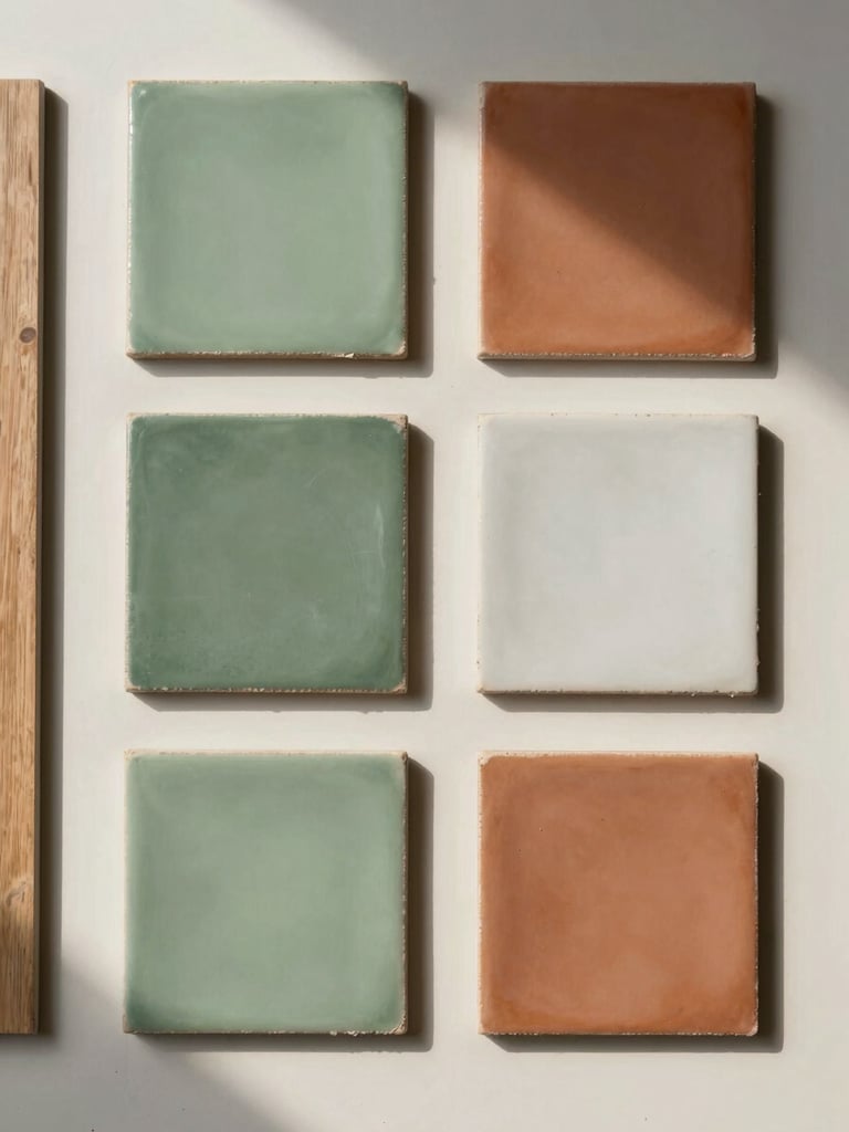 Overhead close-up of material samples arranged on an off-white surface — paint chips in muted greens and terracotta, a square of porcelain tile, a strip of wood flooring veneer, soft natural daylight from the left side, no shadows, architectural flat-lay framing