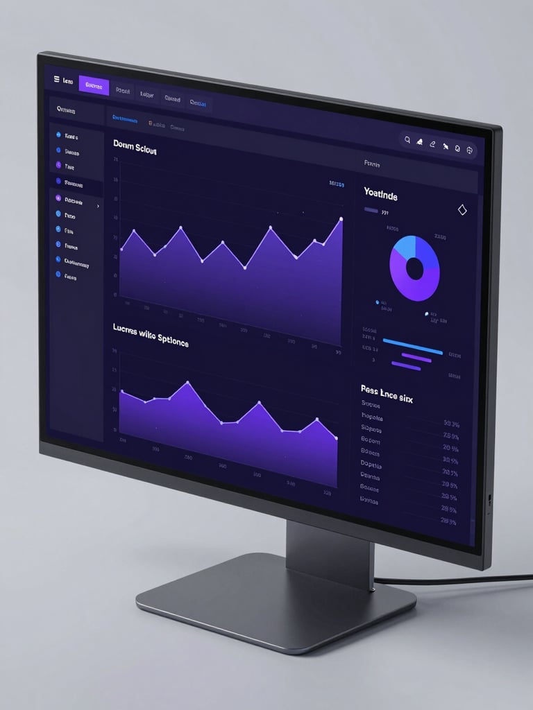 Angled perspective mockup of a dark-mode data science dashboard showing purple and indigo analytics charts on a sleek computer monitor, clean studio lighting