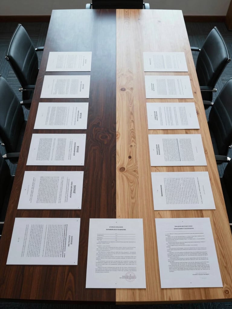Wide panoramic overhead shot of a large boardroom table from directly above, left half dark lacquered surface with French legal documents, right half pale wood with Chinese contract papers, cool north-facing studio light, no people, architectural precision
