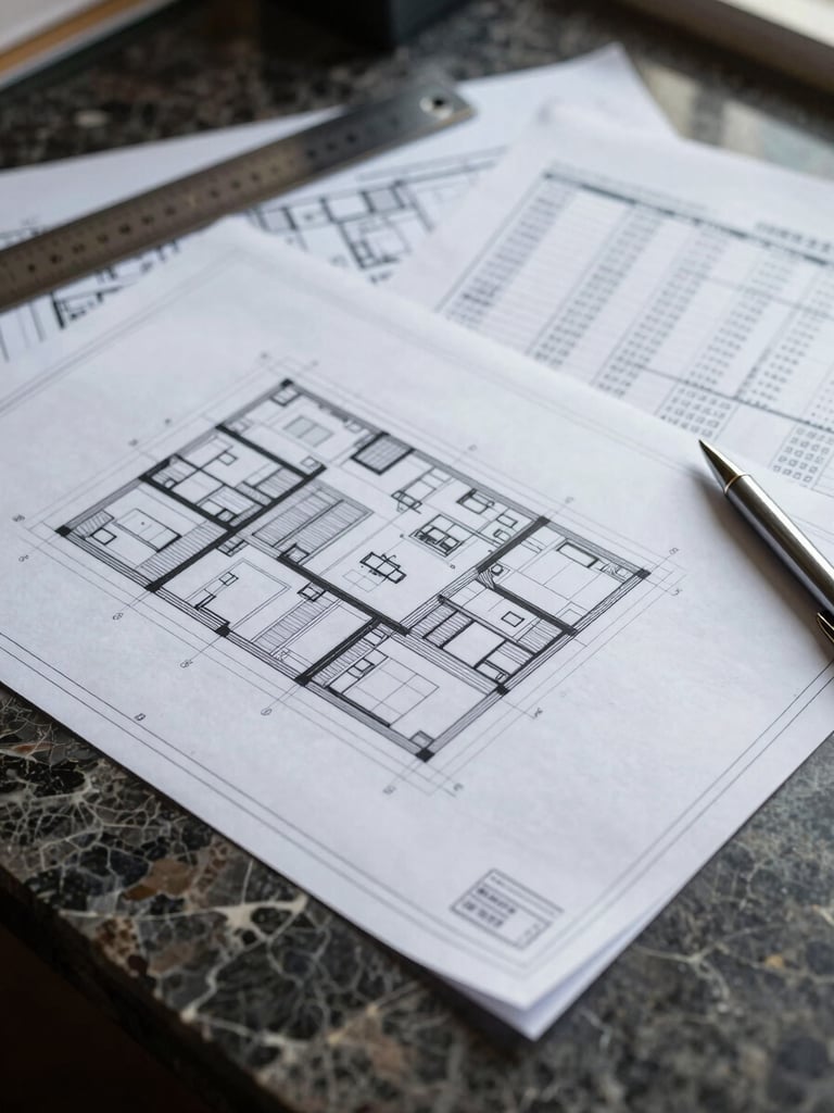 Close-up overhead view of architectural blueprint drawings and financial spreadsheets spread across a marble surface, a precise ruler and pen resting at the edge, cool diffused north-facing daylight, no people, high contrast between white paper and dark stone