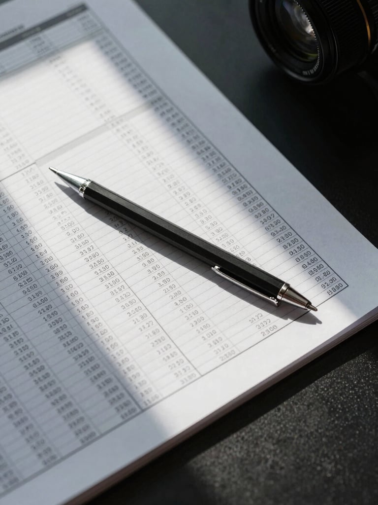 Overhead close-up of a large financial spreadsheet on a matte black desk, a precise mechanical pencil resting diagonally across the columns, cool north-facing daylight casting sharp shadows, no people
