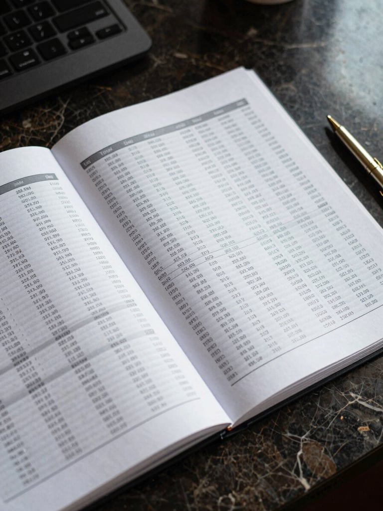 Wide overhead shot of an open financial report on a dark marble desk, columns of figures visible under cool north-facing office light, a single gold pen resting at the right edge, no people