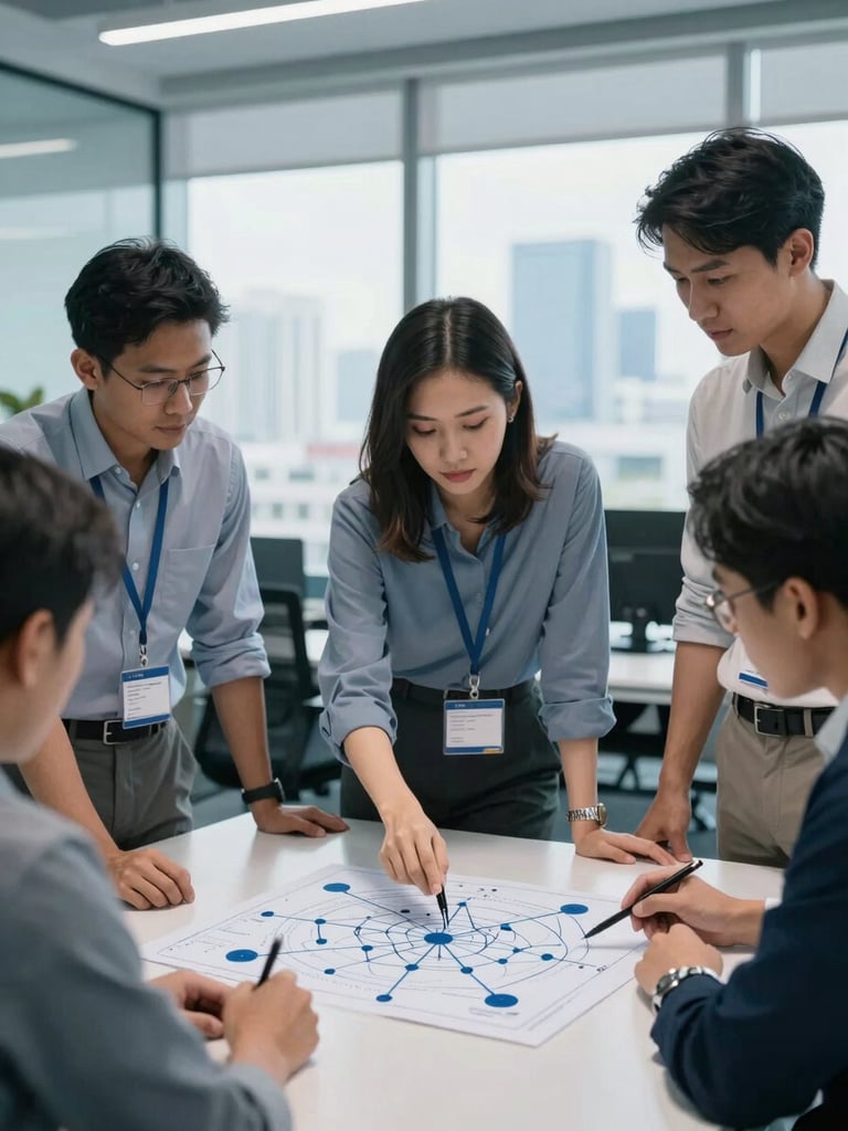 A professional medium shot of a diverse Malaysian technical team collaborating in a modern Kuala Lumpur office, reviewing a network schematic diagram on a table, cool daylight with subtle blue accents.