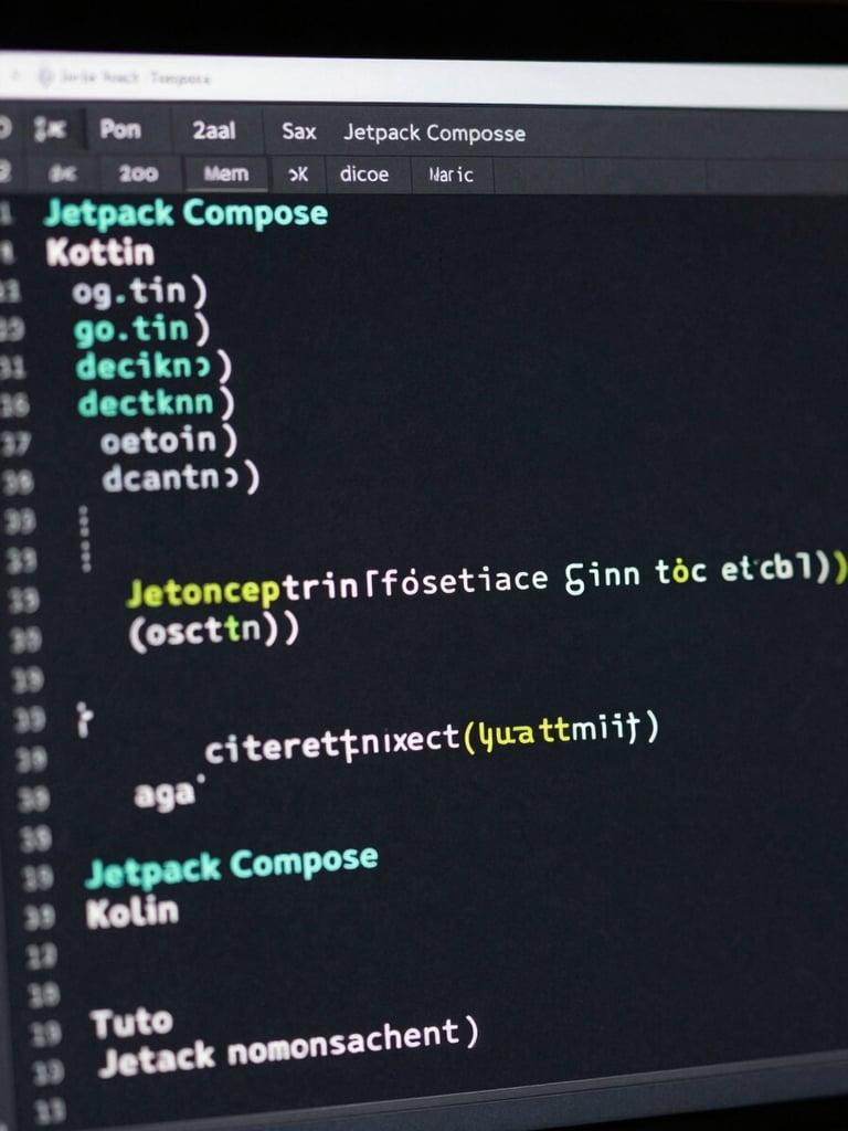 Extreme close-up of a dark-mode IDE screen showing clean Kotlin code with precise syntax highlighting in electric mint and cyan, sharp focus on a Jetpack Compose drawing function, moody low-key studio lighting.