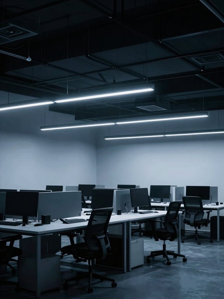 A clean architectural shot of a modern tech workspace in Coral Gables, low-key cool blue ambient light, sharp linear structures, minimalist design, high contrast, 35mm