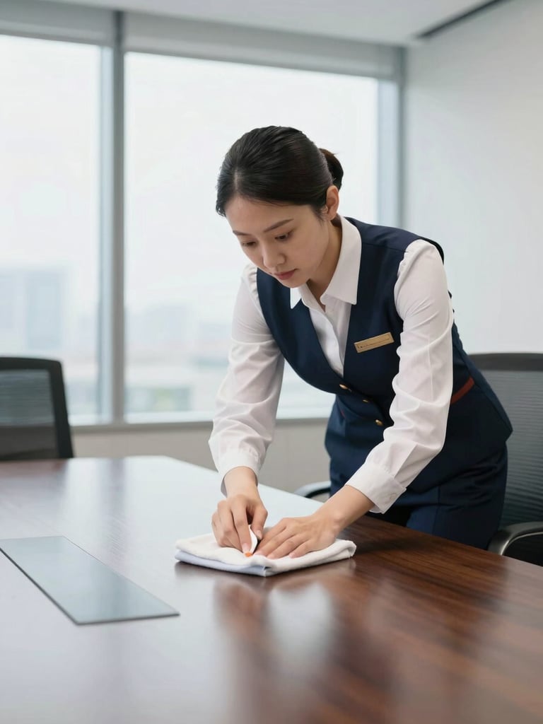 A professional cleaning agent in a neat uniform meticulously wiping a high-end office conference table, bright natural daylight, crisp focus, 35mm