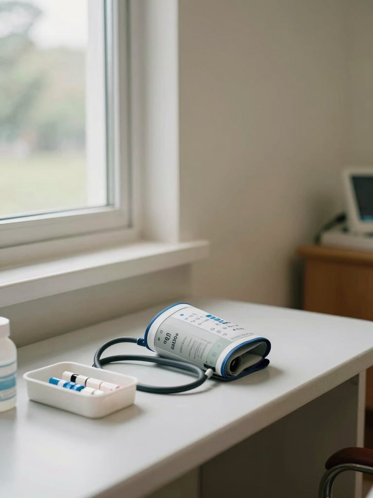 Wide environmental shot of a clinical monitoring station inside a residential treatment unit — a blood pressure cuff and medication tray on a counter, natural daylight from a side window, no patient present, muted warm tones, matter-of-fact framing