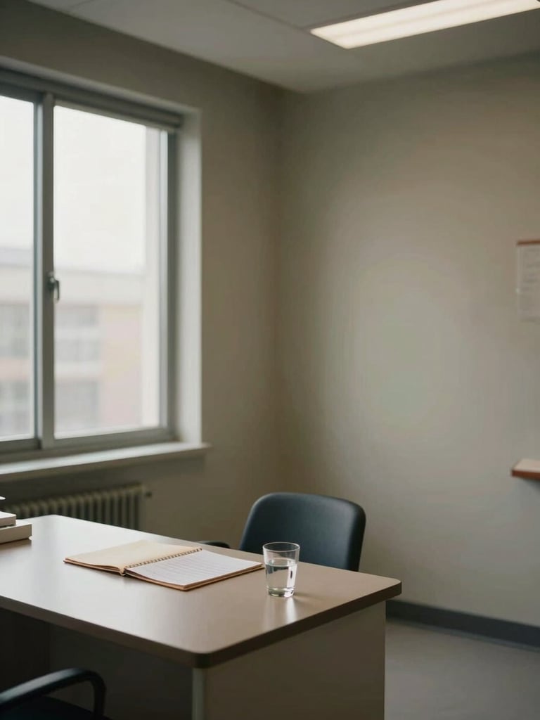 Wide environmental interior shot of a clinical assessment room — a plain desk with a manila folder and a glass of water, a single chair beside it, natural north-facing daylight entering through a large window to the left, muted earth-tone walls, no people, framed to show the full room with generous space on the right side of the frame