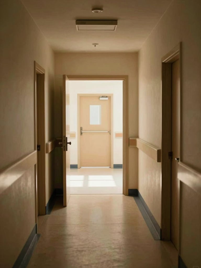 Wide environmental shot of a clinical admission corridor in warm natural daylight, empty hallway with open doorway at the far end, muted earth-toned walls, institutional linoleum floor — evidential, matter-of-fact framing, no people, no posed elements