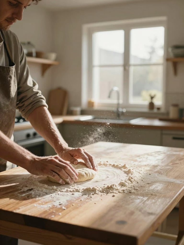 Wide environmental shot of a sunlit therapeutic kitchen interior, hands pressing dough flat on a floured wooden counter in the foreground, flour particles suspended in natural north-facing window light, warm muted earth tones, no faces visible, clinical-warm documentary framing
