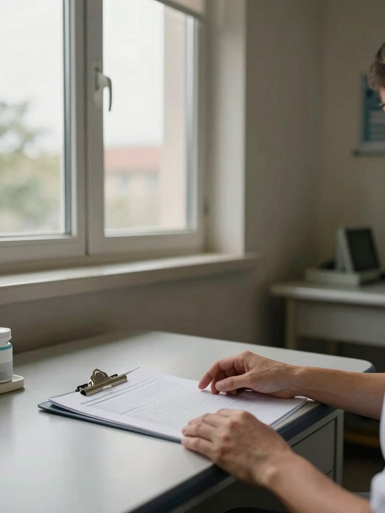 Wide environmental shot of a clinical assessment room, natural north-facing daylight through a window, a pair of hands resting on a desk beside a patient intake folder, muted earth-tone walls, no faces visible — matter-of-fact institutional warmth