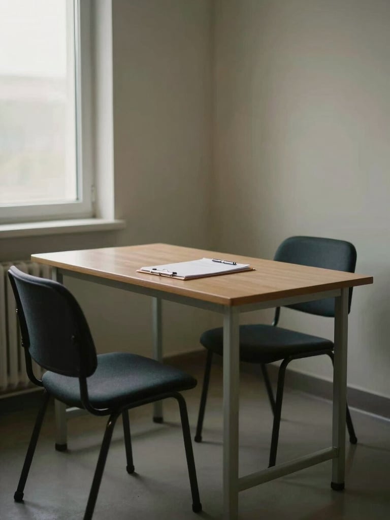 Wide environmental shot of a quiet clinical assessment room with a small desk, two chairs, and a narrow window admitting north-facing daylight, a clipboard and pen resting on the desk, no people present, muted earth tones, matter-of-fact documentary framing
