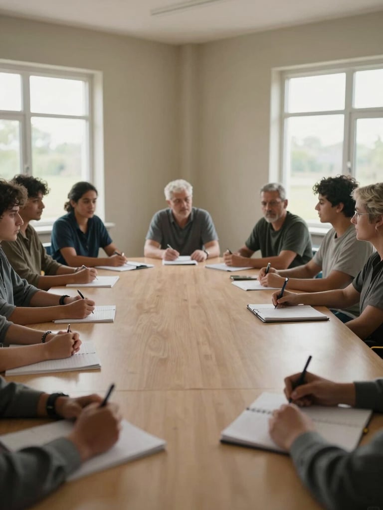 Wide environmental shot of a clinical common room during group session, natural daylight from side windows, hands resting on a shared table, notebooks and pens visible, no individual faces as primary subject — the space and the activity carry the frame, muted earth-tone walls, documentary framing