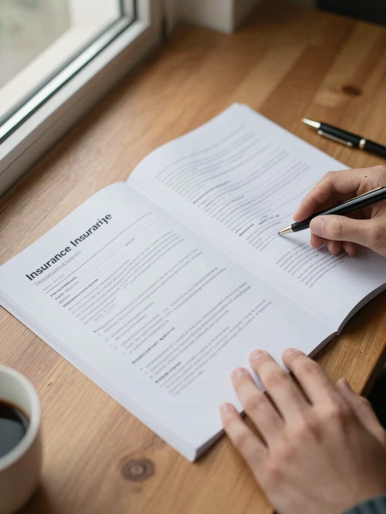 Close-up overhead view of an insurance policy document spread open on a tidy wooden desk, a hand resting on the page mid-review, soft north-facing daylight from a window to the left, a pen and a coffee cup visible at the edge — calm, ordered, documentary feel
