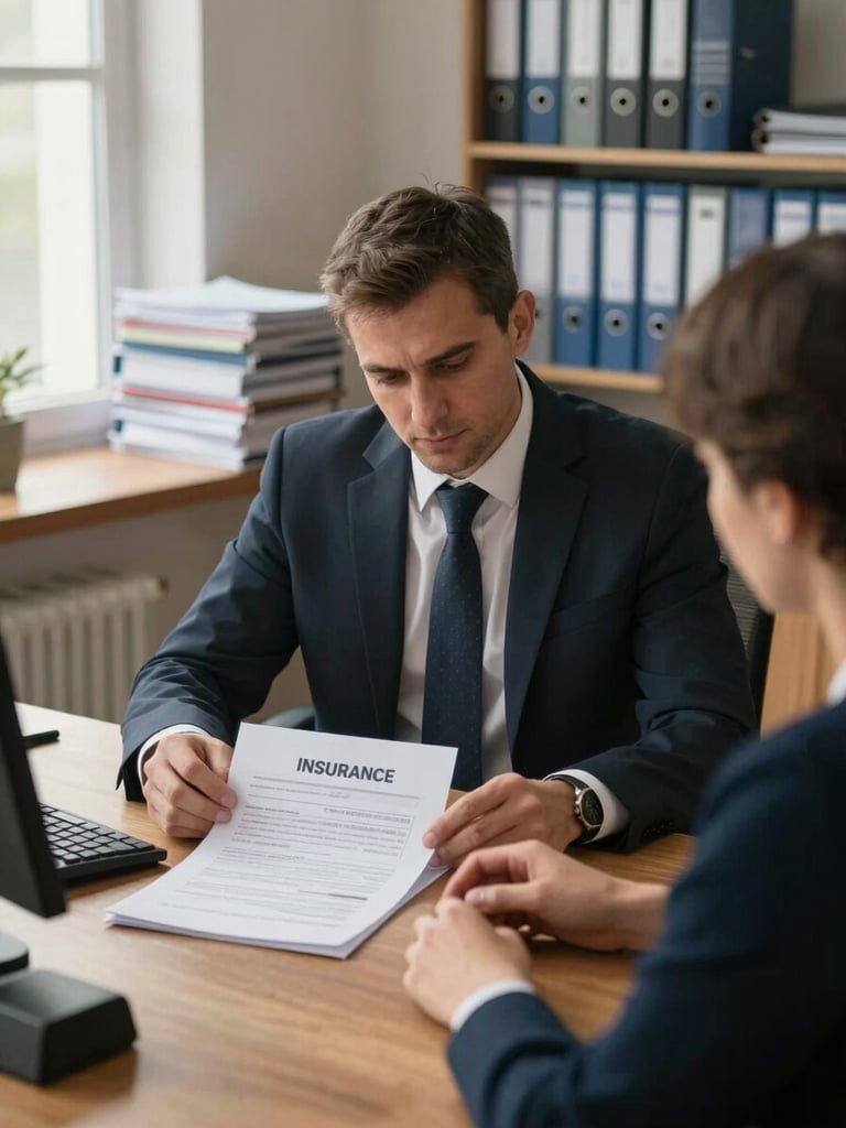 Medium shot of an agent at a wooden desk in a Hatay office, reviewing an open insurance policy document with a client, soft north-facing daylight from a side window, stacks of organised binders visible in background, calm and orderly atmosphere