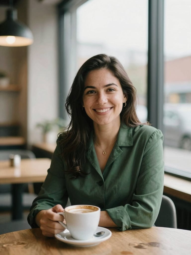 A warm, candid portrait of a professional mortgage advisor in an Ottawa cafe, holding a coffee cup, natural overcast window light, soft focus background.