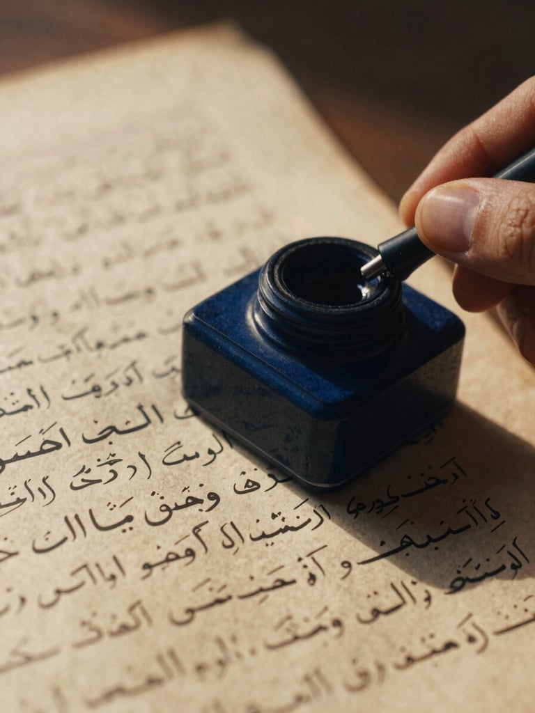 Macro close-up of a hand-carved wooden inkwell resting on a weathered manuscript page, warm golden-hour light casting long shadows across the Arabic script, 35mm film grain