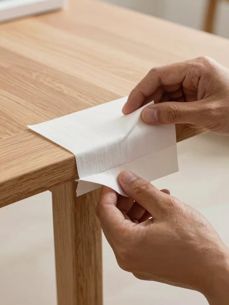 Close-up shot of hands applying heavy-duty edge protectors to a wooden furniture piece, bright interior lighting, high-contrast detailing of the protective wrapping material.
