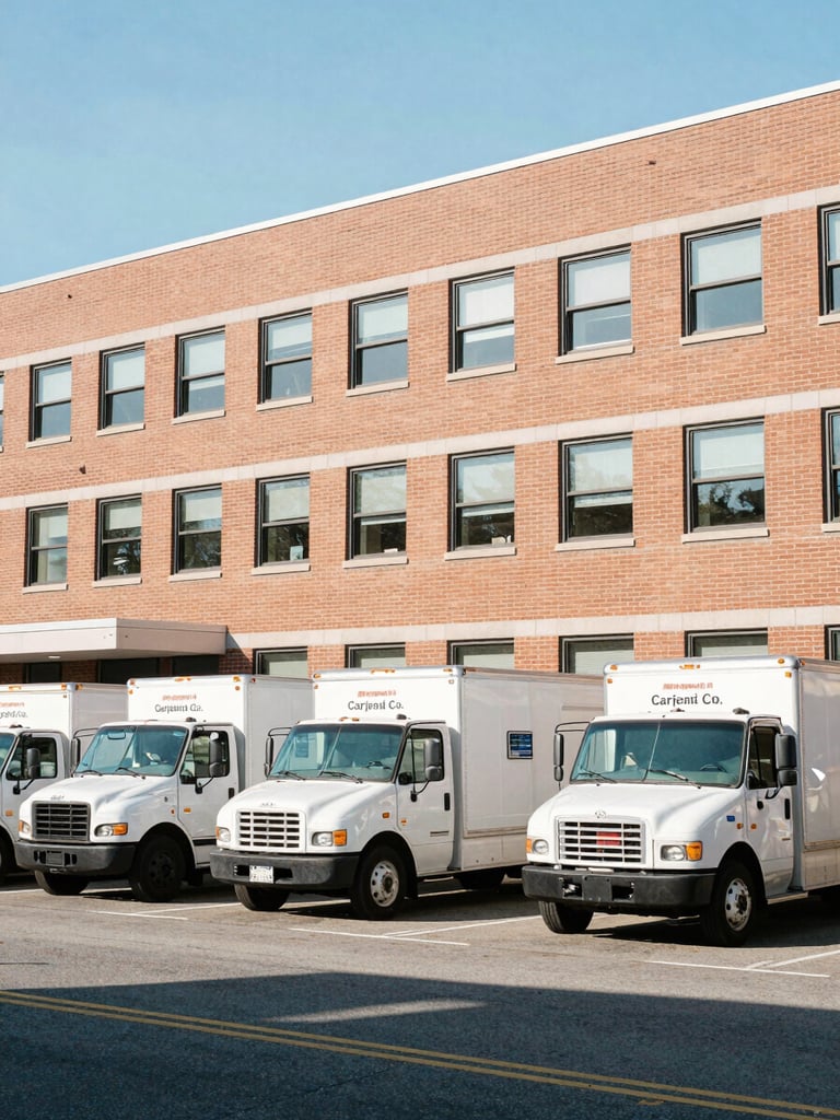 Carjen Fence Co. branded truck fleet parked in front of a clean, modern brick office building in Peekskill, New York, under bright morning daylight, crisp documentary photography, natural colors, sharp focus, 35mm lens.