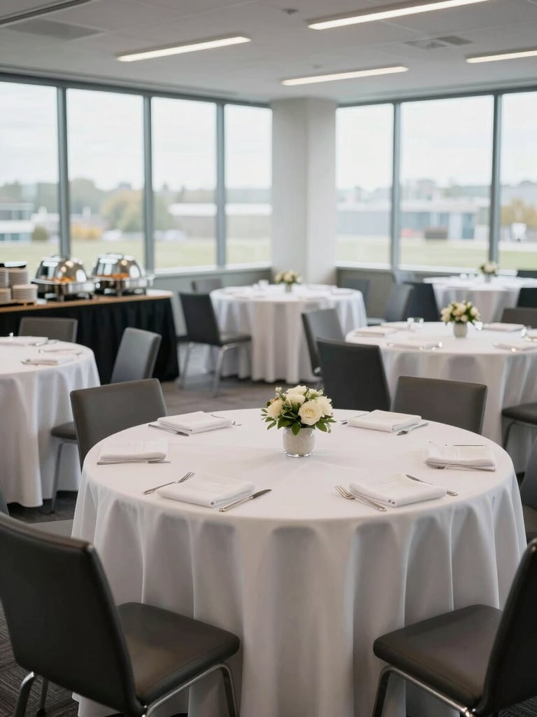 Wide environmental shot of a corporate event room fully set for service — round tables with white linen, centrepieces, stacked service plates at buffet station on the left, clean daylight through floor-to-ceiling windows, no guests, no staff, emphasising operational readiness