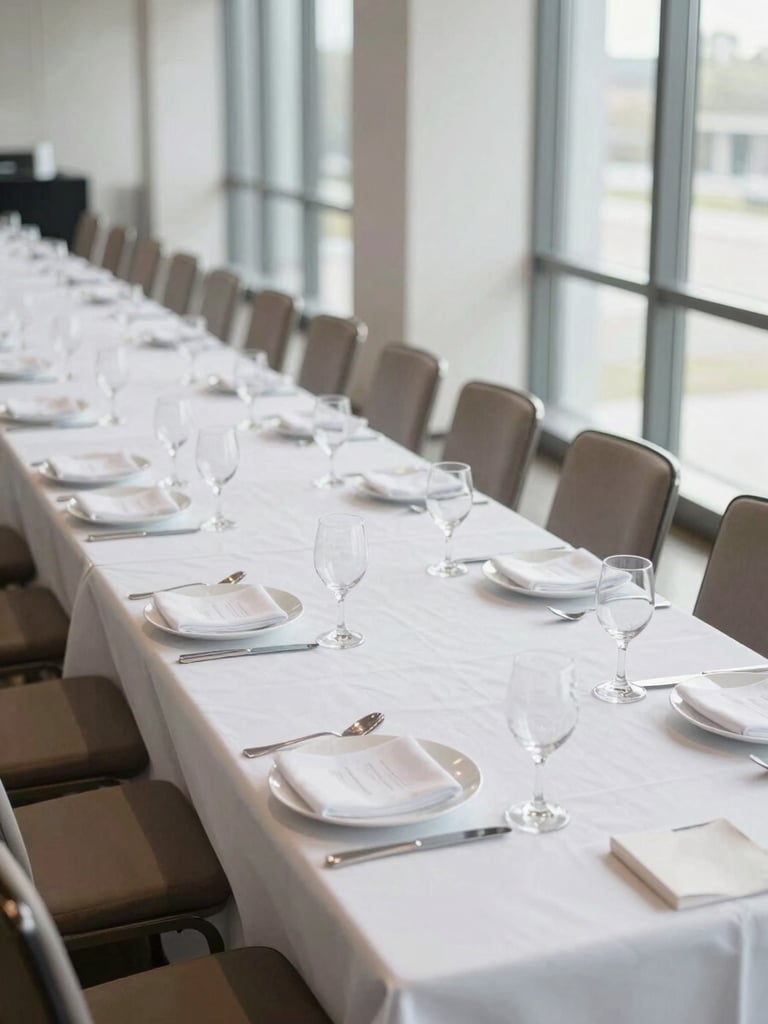 Wide shot of a fully laid corporate event table from above, white linen, polished glassware, and precisely arranged place settings under clean daylight from tall windows, no guests present, empty chairs showing operational readiness