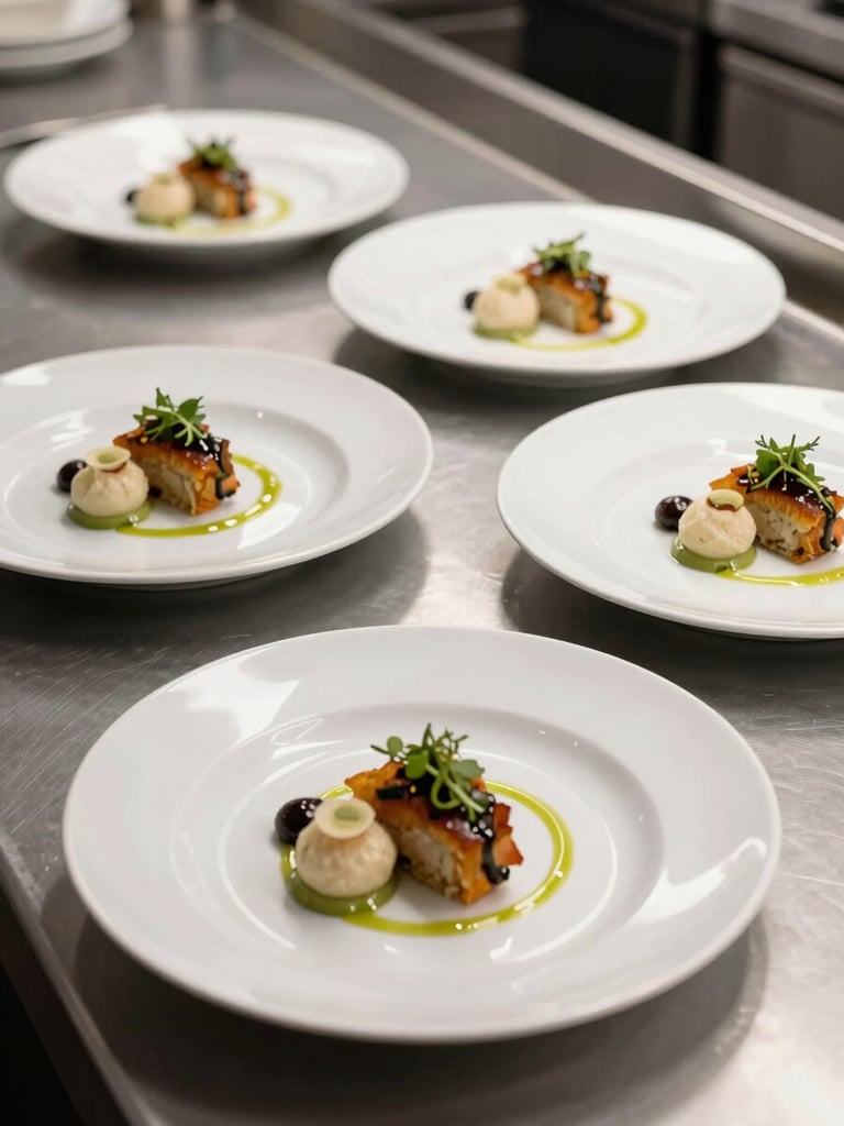 Close-up 45-degree view of four individual plated dishes on a long service counter, each precisely garnished, under clean studio daylight, shot from slight elevation showing the organised arrangement and uniform presentation