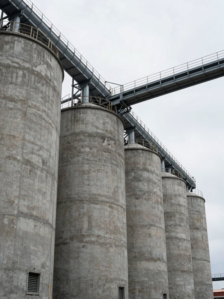 Wide angle shot of massive concrete grain silos under an overcast industrial sky, heavy steel conveyor pipes cutting diagonally across the frame.