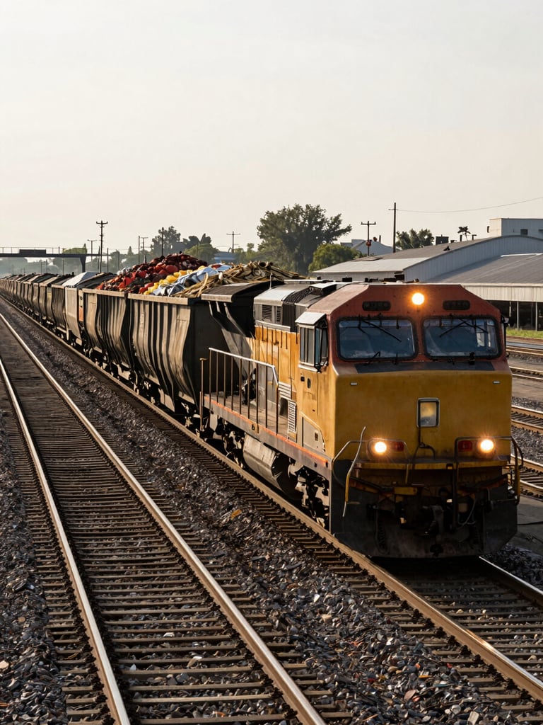Wide panoramic shot of a heavy freight train loaded with bulk agricultural commodities moving through an industrial railhead, deep charcoal shadows and safety amber warning lights.