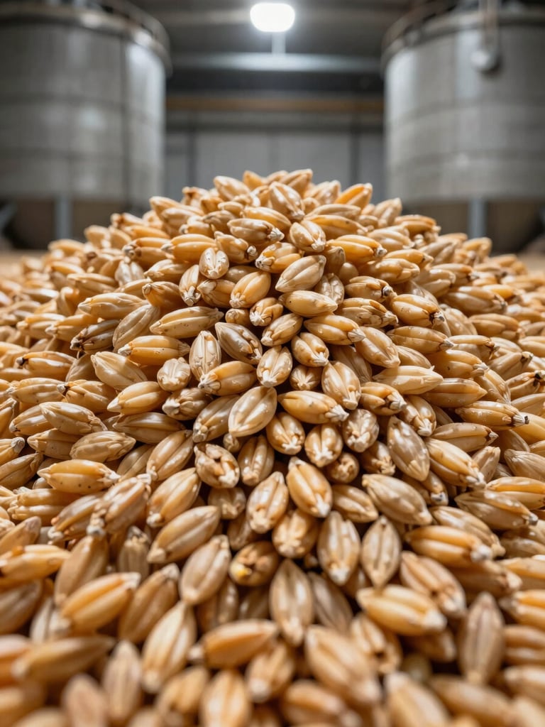 Extreme close-up of golden bulk feed barley grains piled high inside an industrial concrete silo, sharp overhead lighting.