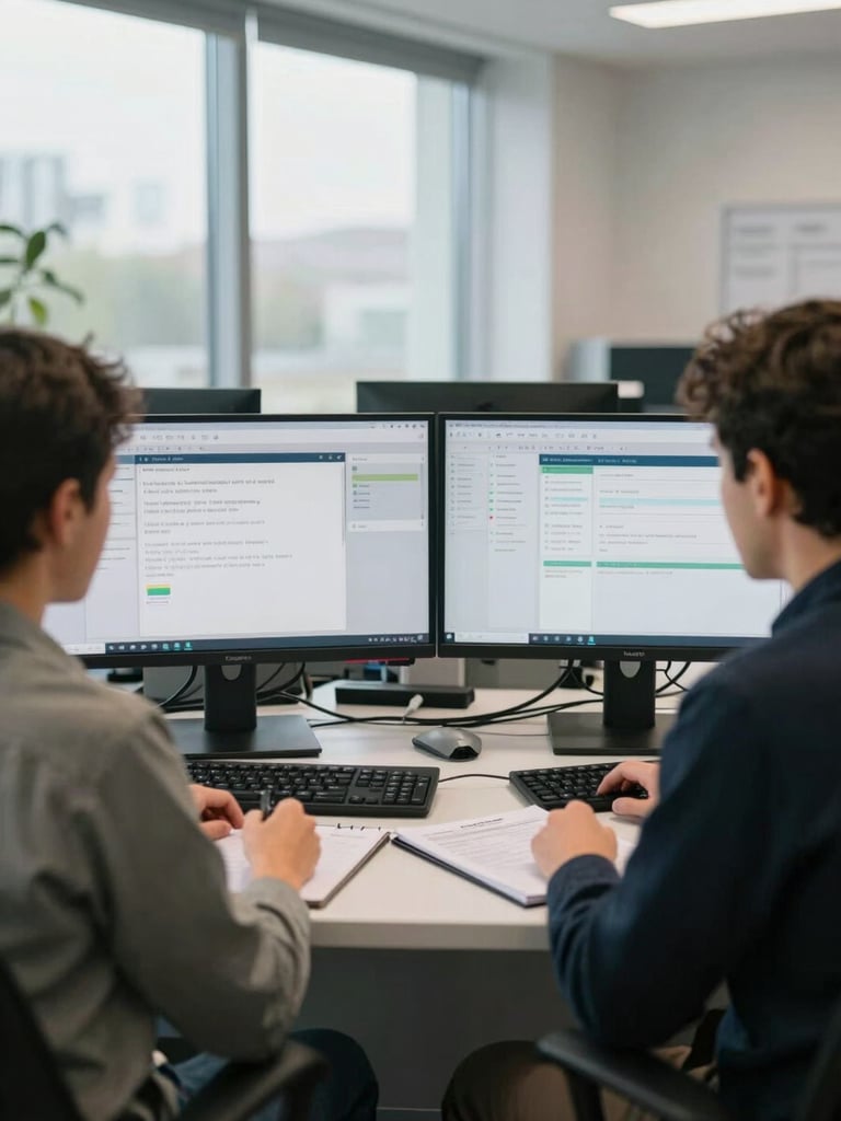 Close-up environmental shot of a modern incubator workspace interior, two entrepreneurs working side by side at wide desks with dual monitors showing dashboards, natural light from tall windows, notepads and documents on the surface, no eye contact with camera, documentary framing