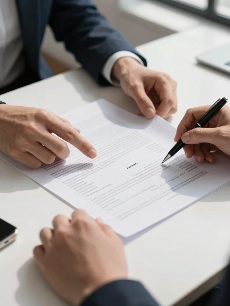 Close-up of hands reviewing a printed business report on a clean white desk, a pen resting beside it, daylight from a wide window casting sharp shadows on the document pages