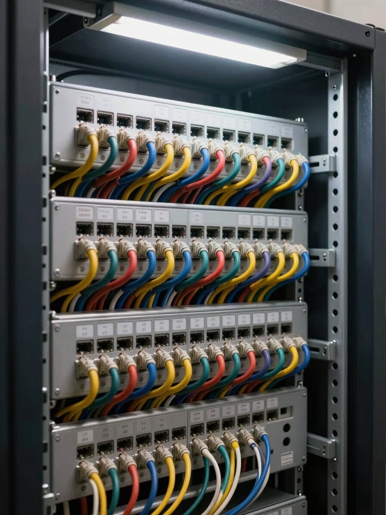 Environmental close-up of structured cable management runs inside an open rack cabinet, labeled patch panels and color-coded cables organized in tight horizontal channels, operational fluorescent lighting overhead, no technicians present, sharp focus on connection points