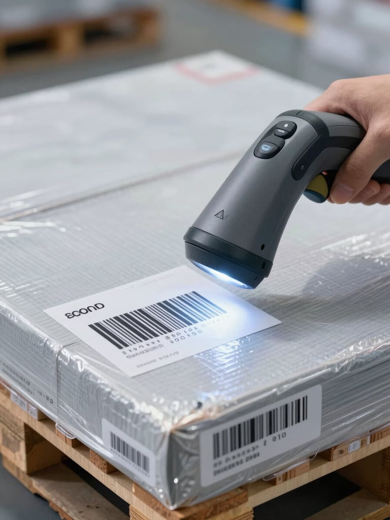 Bright, clean, cool-toned macro shot of logistics technology, a barcode scanner illuminating a shipping label on a neatly stacked pallet in a modern warehouse.