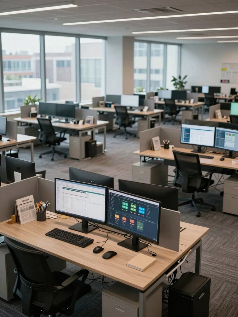 Overhead panoramic view of an open-plan office mid-transformation, empty optimized workstations with dual monitors showing analytics dashboards, cool daylight from floor-to-ceiling windows, no people, documentation aesthetic