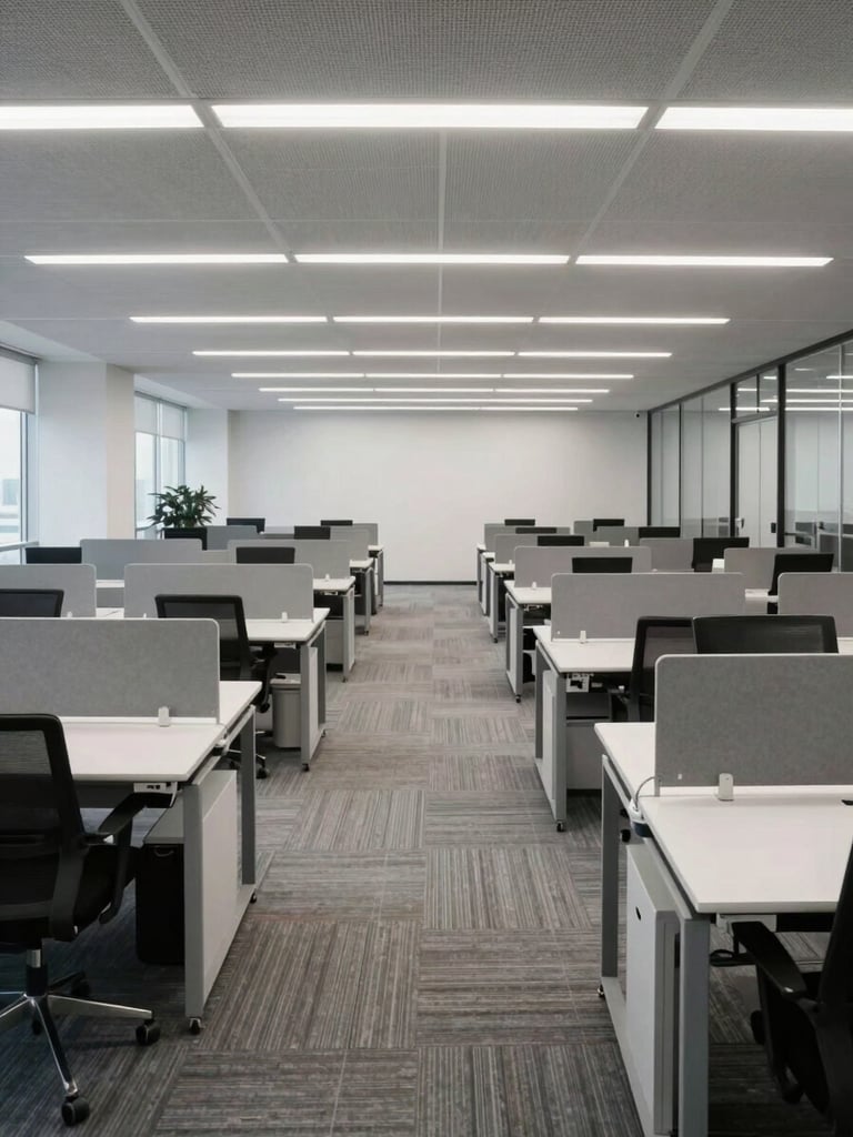 Wide environmental shot of an empty optimized open-plan office space under cool daylight, ceiling grid visible, workstations arranged in precise parallel rows, no people, clean hard surfaces, architectural precision