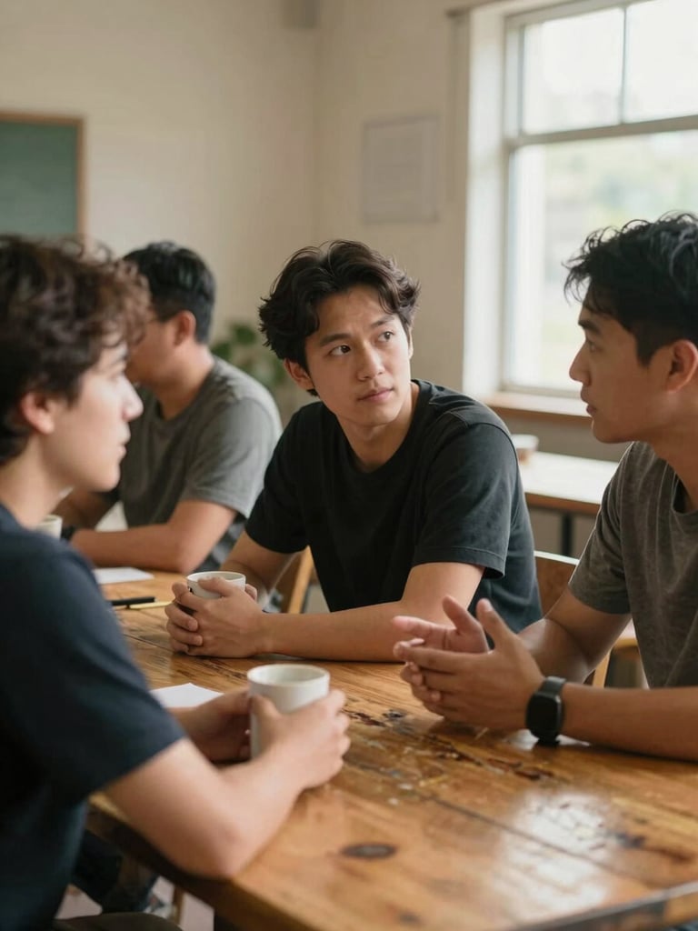 Candid wide shot of three people seated close together at a community table mid-conversation, one person listening intently with hands wrapped around a mug, another gesturing mid-sentence, warm natural window light from the right, worn wood surface, slightly out-of-focus background suggesting a full room