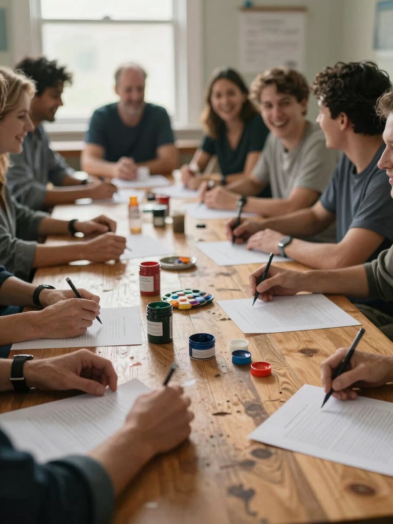 Close-up wide shot of a crowded community room table, hands reaching for paper and paint supplies, natural window light spilling across worn wood, several people mid-conversation and mid-laugh, shot from a slight overhead angle