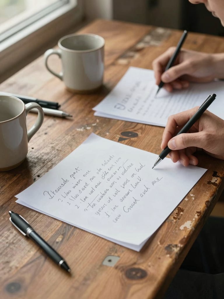 Close-up overhead of a worn wooden table with handwritten notes on loose paper, two ceramic mugs, a few scattered pens, and someone's hands resting mid-thought — natural window light from above left, soft shadow detail on the grain of the wood